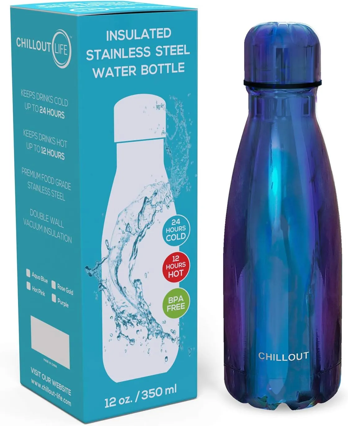 CHILLOUT LIFE Stainless Steel Water Bottle for Kids School: 12 oz Double Wall Insulated Cola Bottle Shape for Cold and Warm Drinks, BPA Free Metal Sports Bottle, Dishwasher Safe Paint
