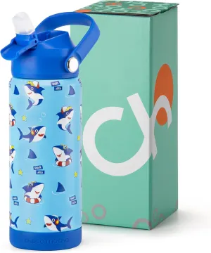 Choco Mocha Kids Water Bottle For School, Kids Insulated Shark Water Bottle Stainless Steel for Girls，18Oz Blue & Azure Shark
