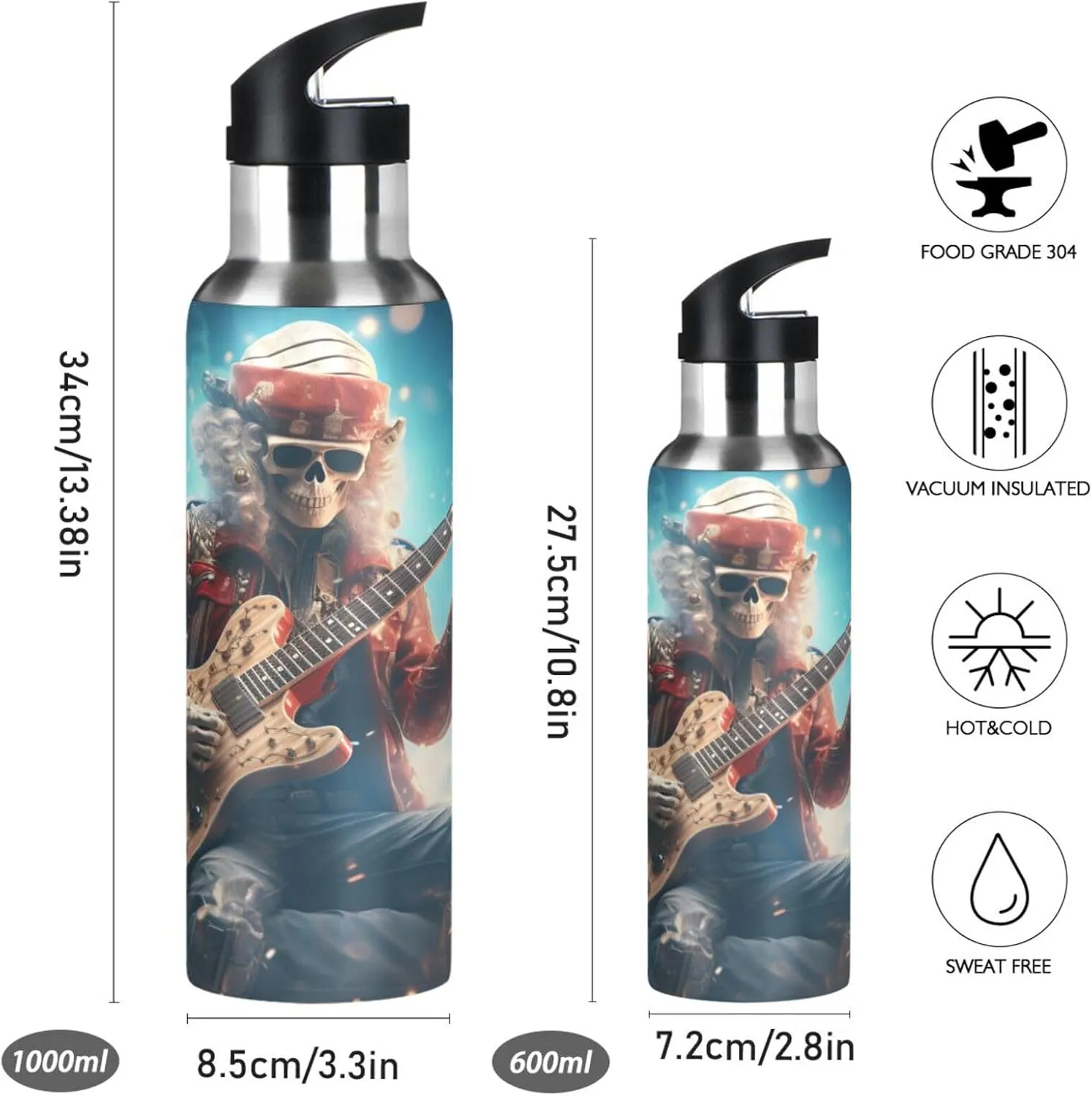 Christmas Cool Skull Sport Water Bottle Insulated Stainless Steel Large Vacuum Flask Leak Proof Thermos with Straw for Travel(600ml/1000ml)