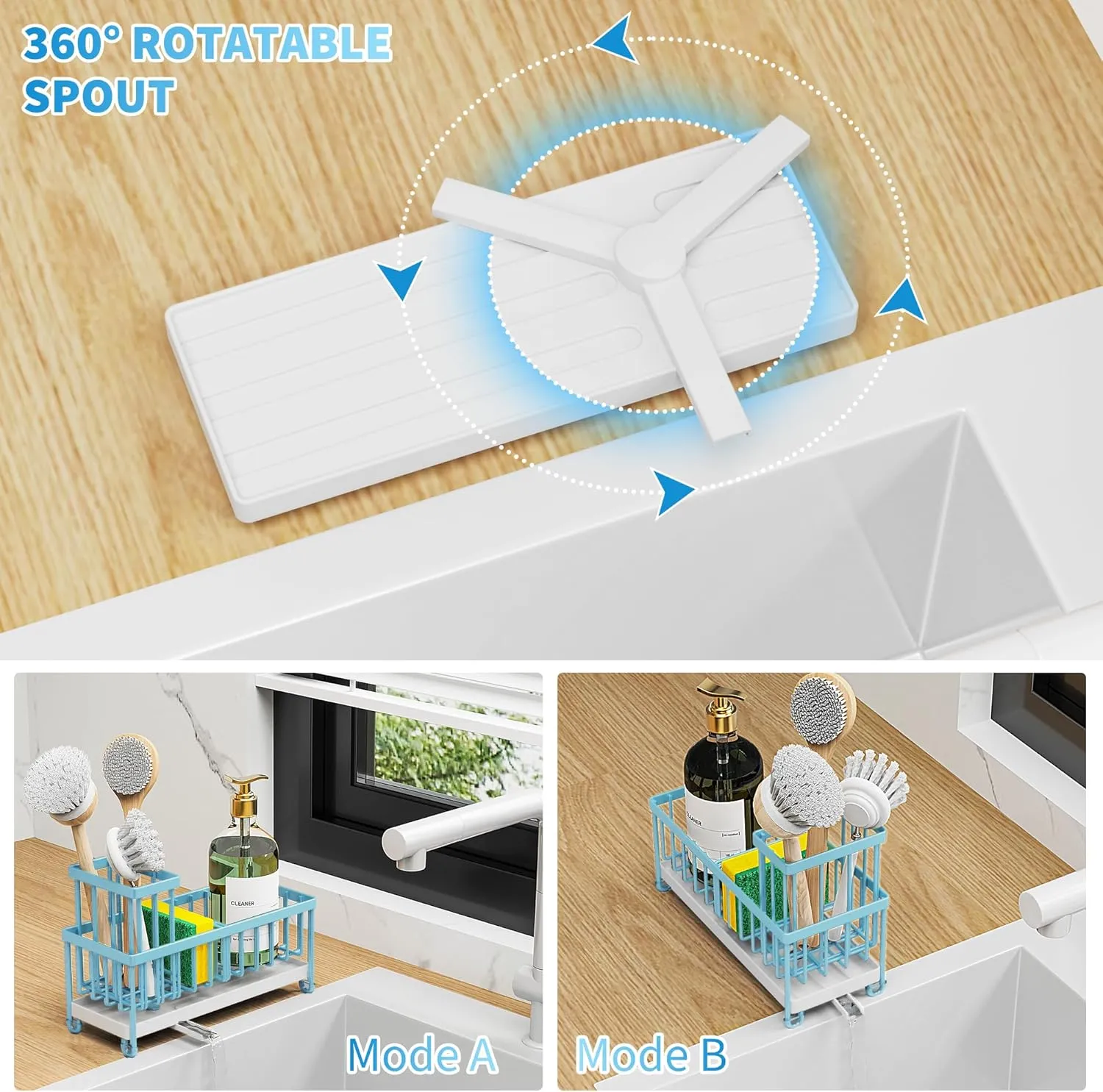 Cisily Blue Sponge Holder for Kitchen Sink, Sink Caddy Organizer with High Brush Holder, Kitchen Countertop Rustproof 304 Stainless Steel, Soap Dispenser Kitchen Organizers and Storage Essentials