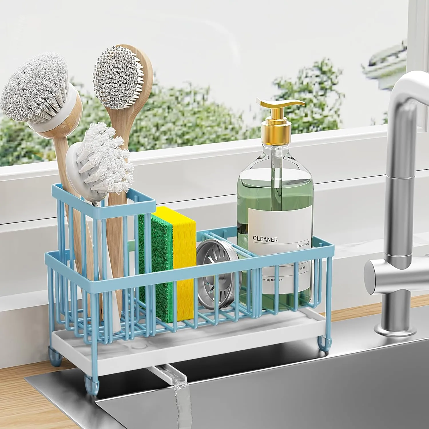 Cisily Blue Sponge Holder for Kitchen Sink, Sink Caddy Organizer with High Brush Holder, Kitchen Countertop Rustproof 304 Stainless Steel, Soap Dispenser Kitchen Organizers and Storage Essentials
