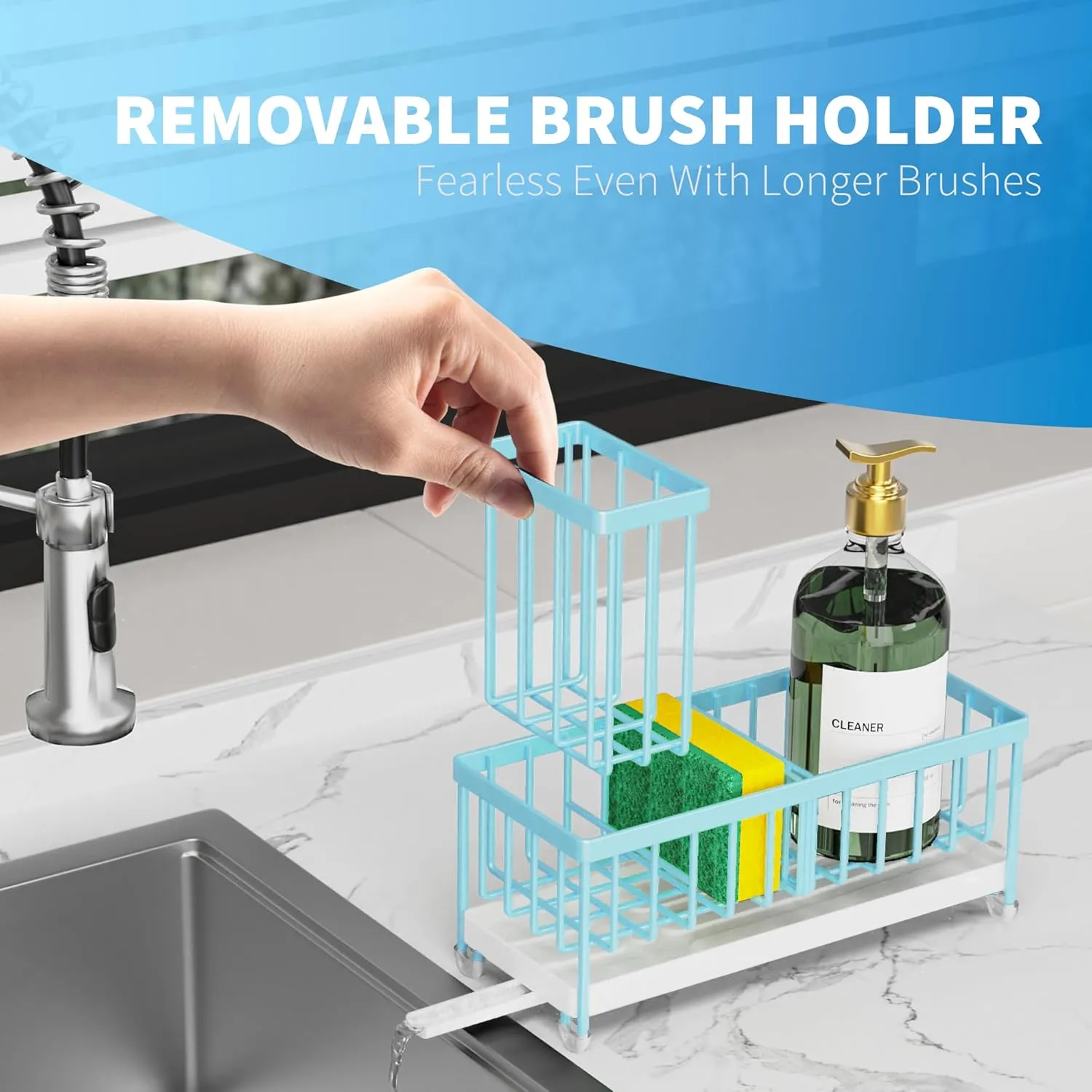 Cisily Blue Sponge Holder for Kitchen Sink, Sink Caddy Organizer with High Brush Holder, Kitchen Countertop Rustproof 304 Stainless Steel, Soap Dispenser Kitchen Organizers and Storage Essentials