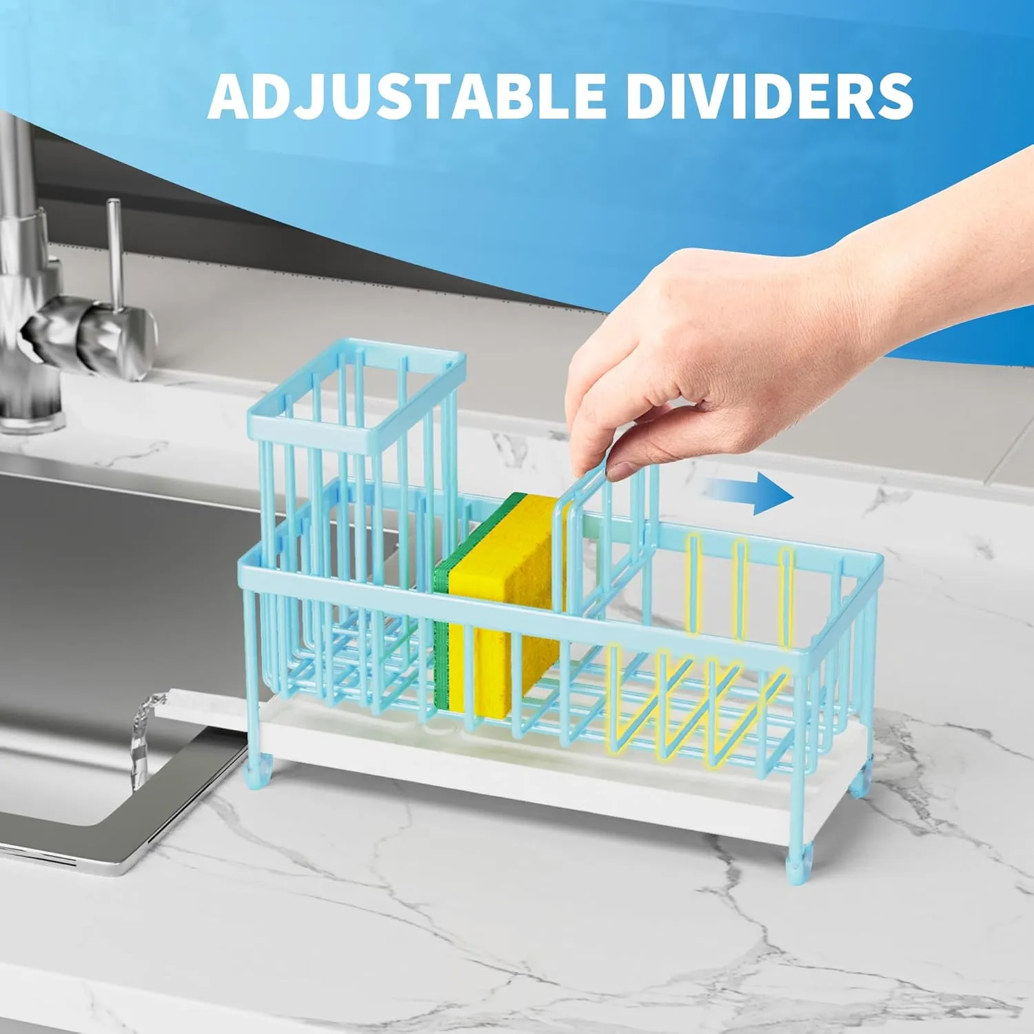 Cisily Blue Sponge Holder for Kitchen Sink, Sink Caddy Organizer with High Brush Holder, Kitchen Countertop Rustproof 304 Stainless Steel, Soap Dispenser Kitchen Organizers and Storage Essentials