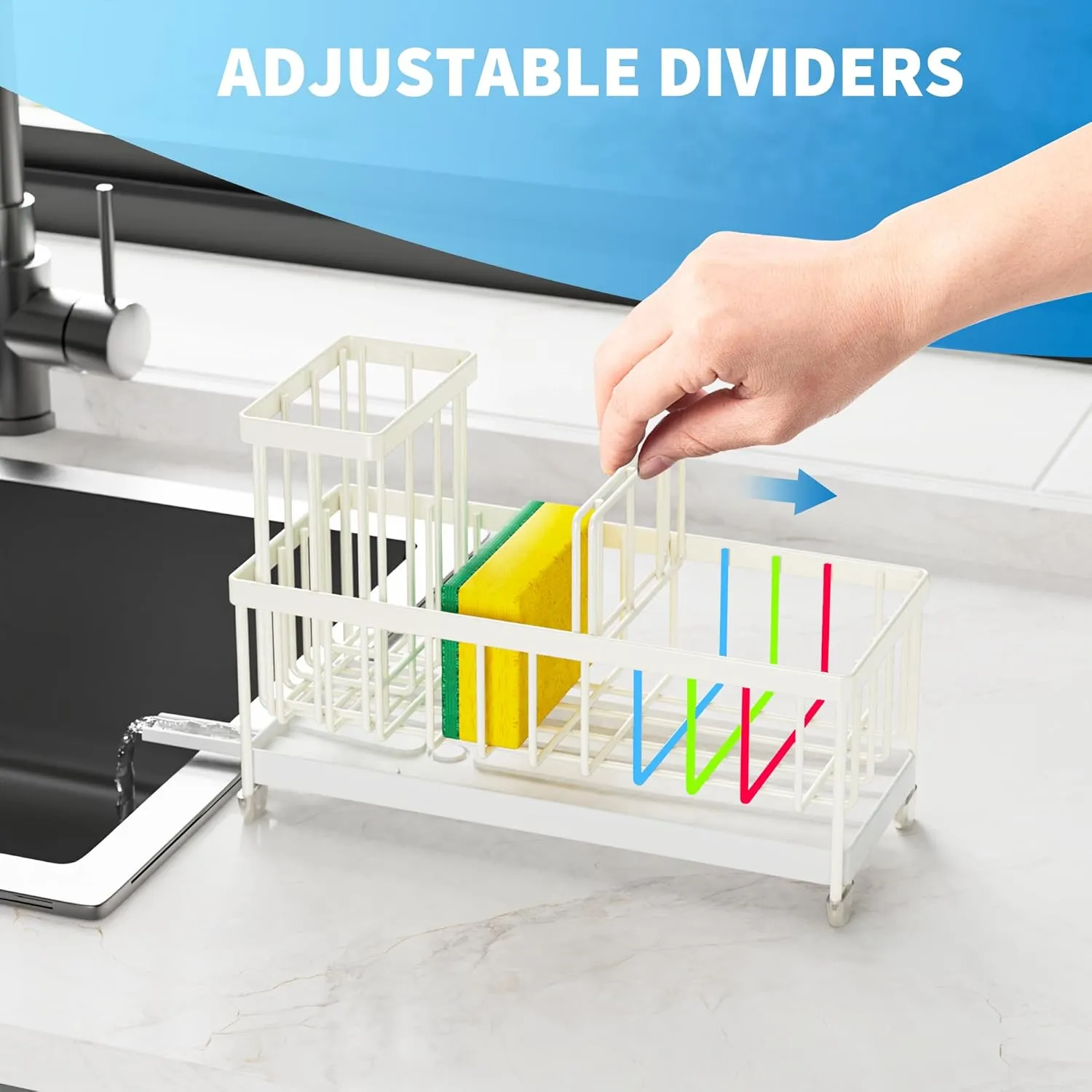 Cisily Off White Sponge Holder for Kitchen Sink, Sink Caddy Organizer with High Brush Holder, Countertop Rustproof 304 Stainless Steel, Soap Dispenser Organizers and Storage Essentials