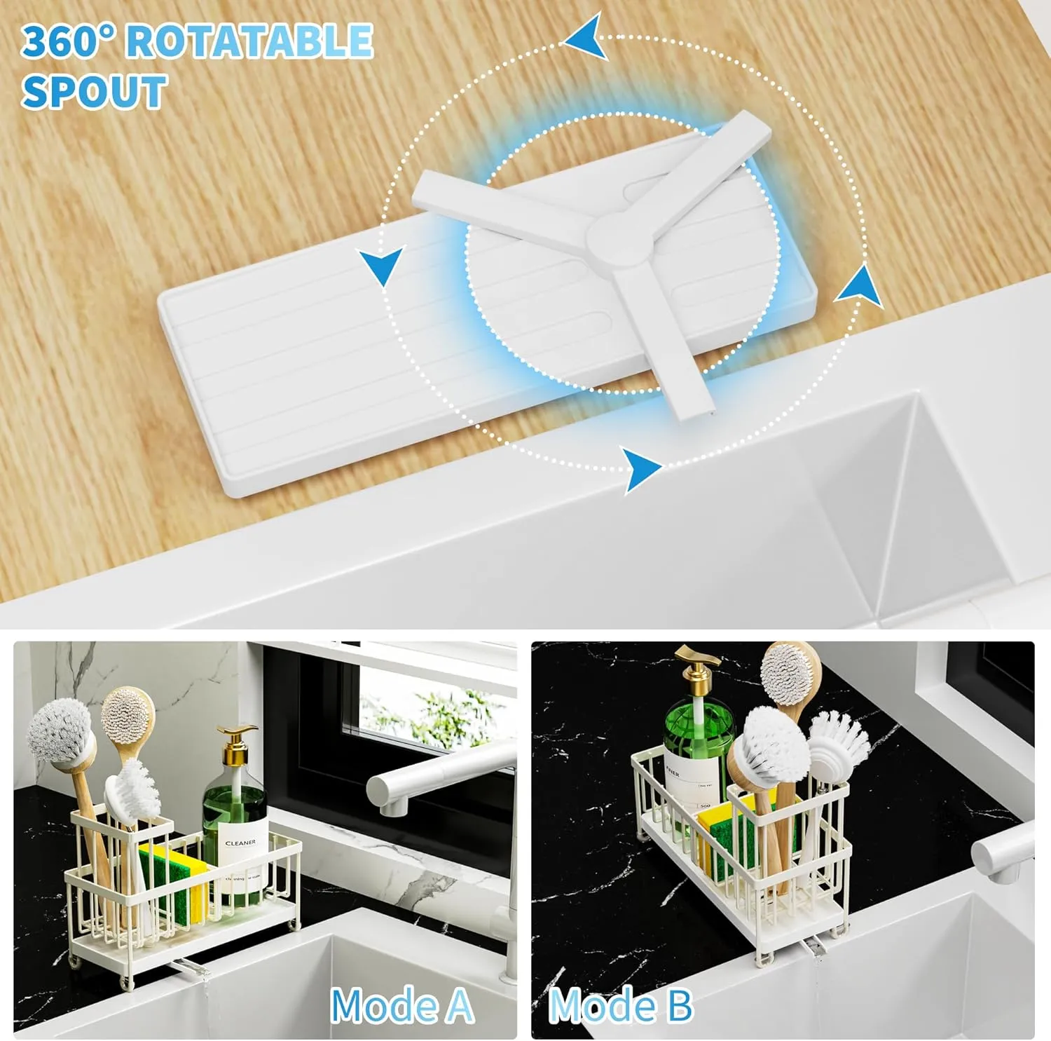 Cisily Off White Sponge Holder for Kitchen Sink, Sink Caddy Organizer with High Brush Holder, Countertop Rustproof 304 Stainless Steel, Soap Dispenser Organizers and Storage Essentials
