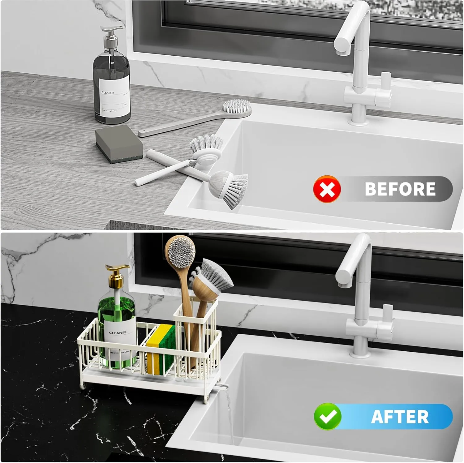 Cisily Off White Sponge Holder for Kitchen Sink, Sink Caddy Organizer with High Brush Holder, Countertop Rustproof 304 Stainless Steel, Soap Dispenser Organizers and Storage Essentials