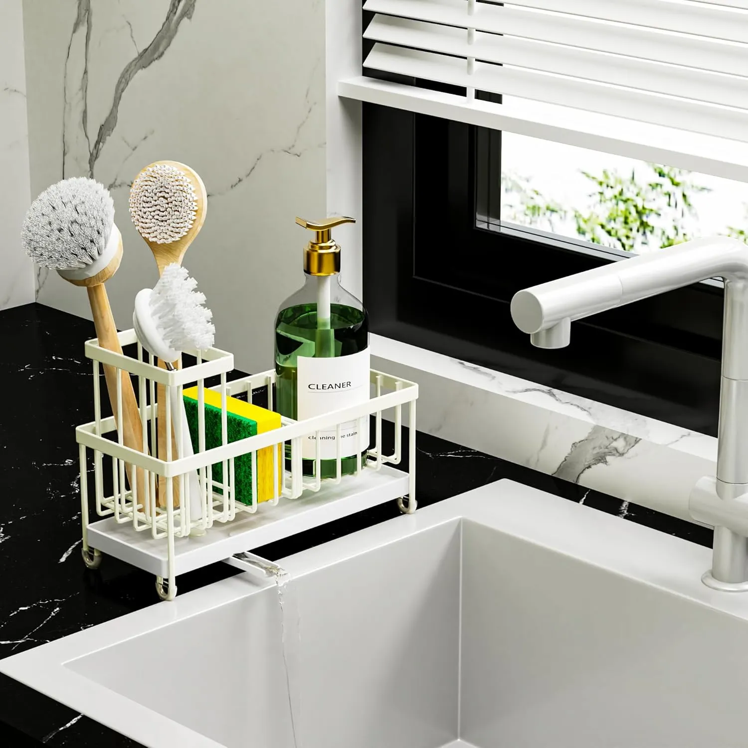 Cisily Off White Sponge Holder for Kitchen Sink, Sink Caddy Organizer with High Brush Holder, Countertop Rustproof 304 Stainless Steel, Soap Dispenser Organizers and Storage Essentials