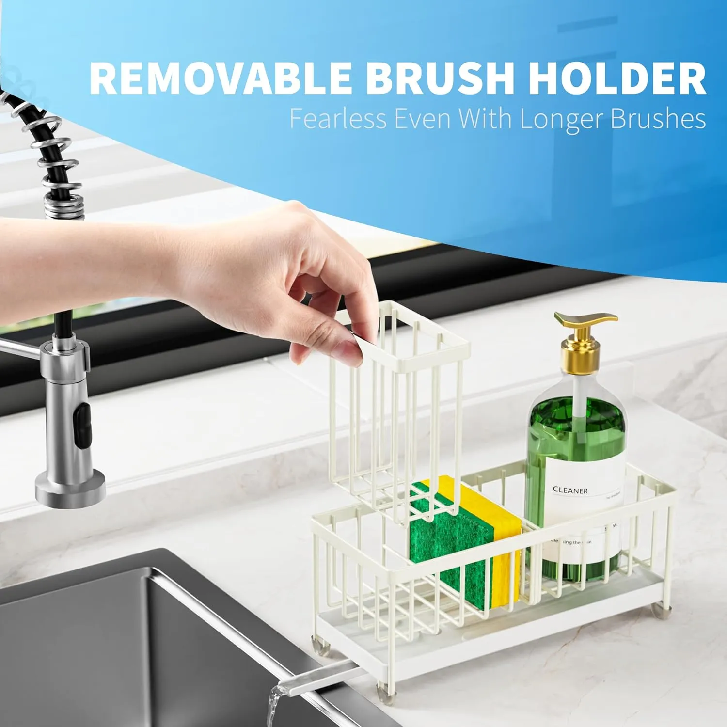 Cisily Off White Sponge Holder for Kitchen Sink, Sink Caddy Organizer with High Brush Holder, Countertop Rustproof 304 Stainless Steel, Soap Dispenser Organizers and Storage Essentials