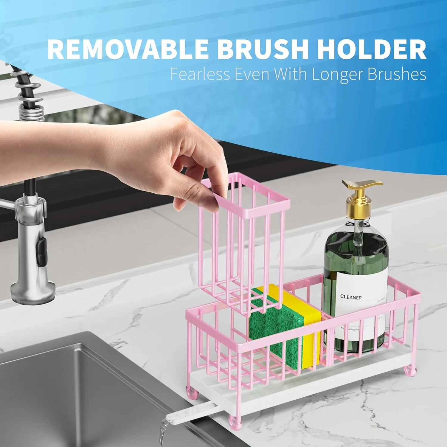 Cisily Pink Sponge Holder for Kitchen Sink, Sink Caddy Organizer with High Brush Holder, Kitchen Countertop Rustproof 304 Stainless Steel, Soap Dispenser Kitchen Organizers and Storage Essentials