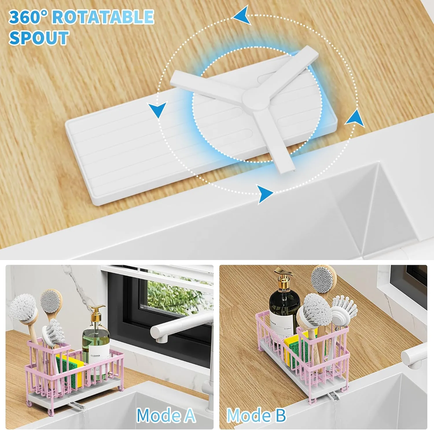 Cisily Pink Sponge Holder for Kitchen Sink, Sink Caddy Organizer with High Brush Holder, Kitchen Countertop Rustproof 304 Stainless Steel, Soap Dispenser Kitchen Organizers and Storage Essentials