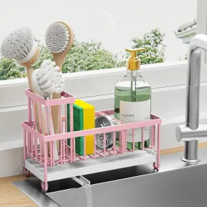 Cisily Pink Sponge Holder for Kitchen Sink, Sink Caddy Organizer with High Brush Holder, Kitchen Countertop Rustproof 304 Stainless Steel, Soap Dispenser Kitchen Organizers and Storage Essentials