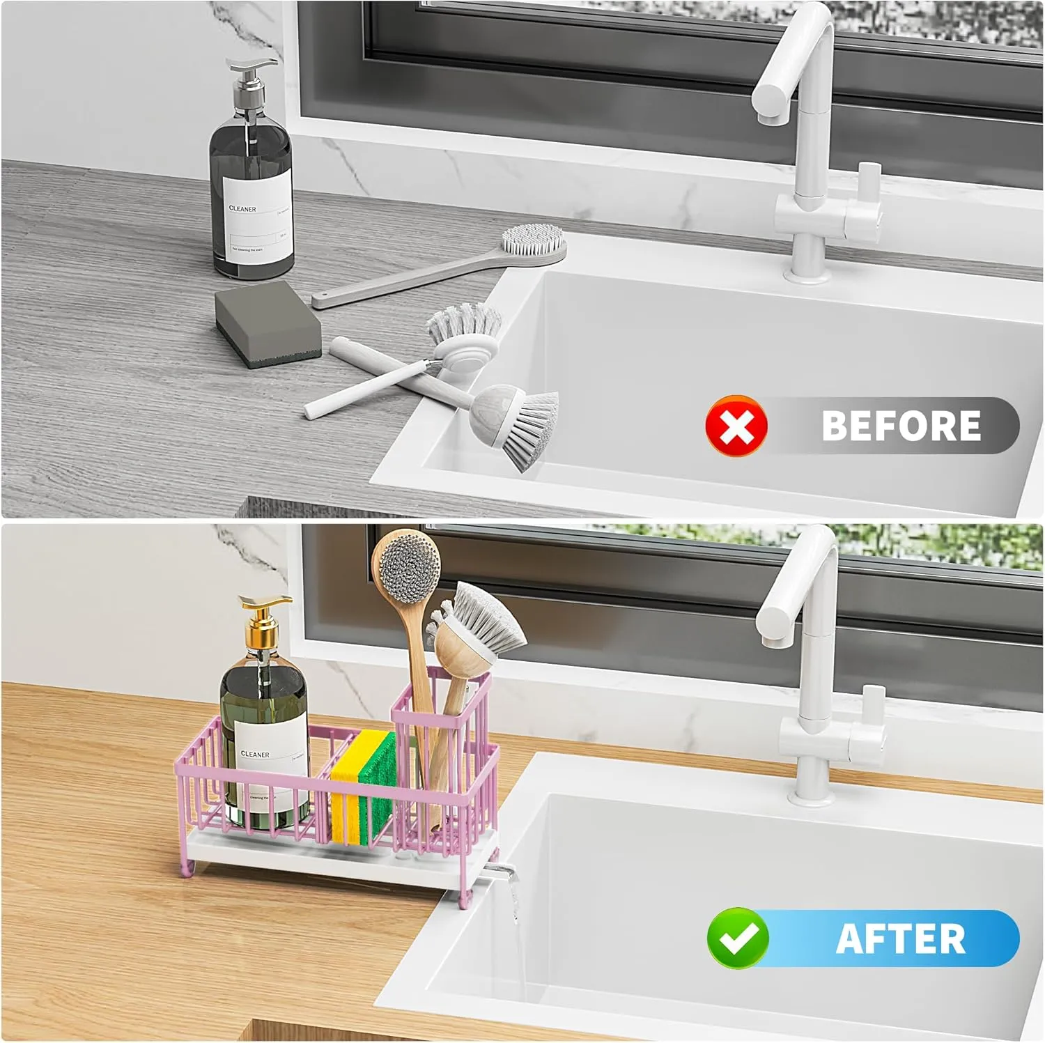 Cisily Pink Sponge Holder for Kitchen Sink, Sink Caddy Organizer with High Brush Holder, Kitchen Countertop Rustproof 304 Stainless Steel, Soap Dispenser Kitchen Organizers and Storage Essentials