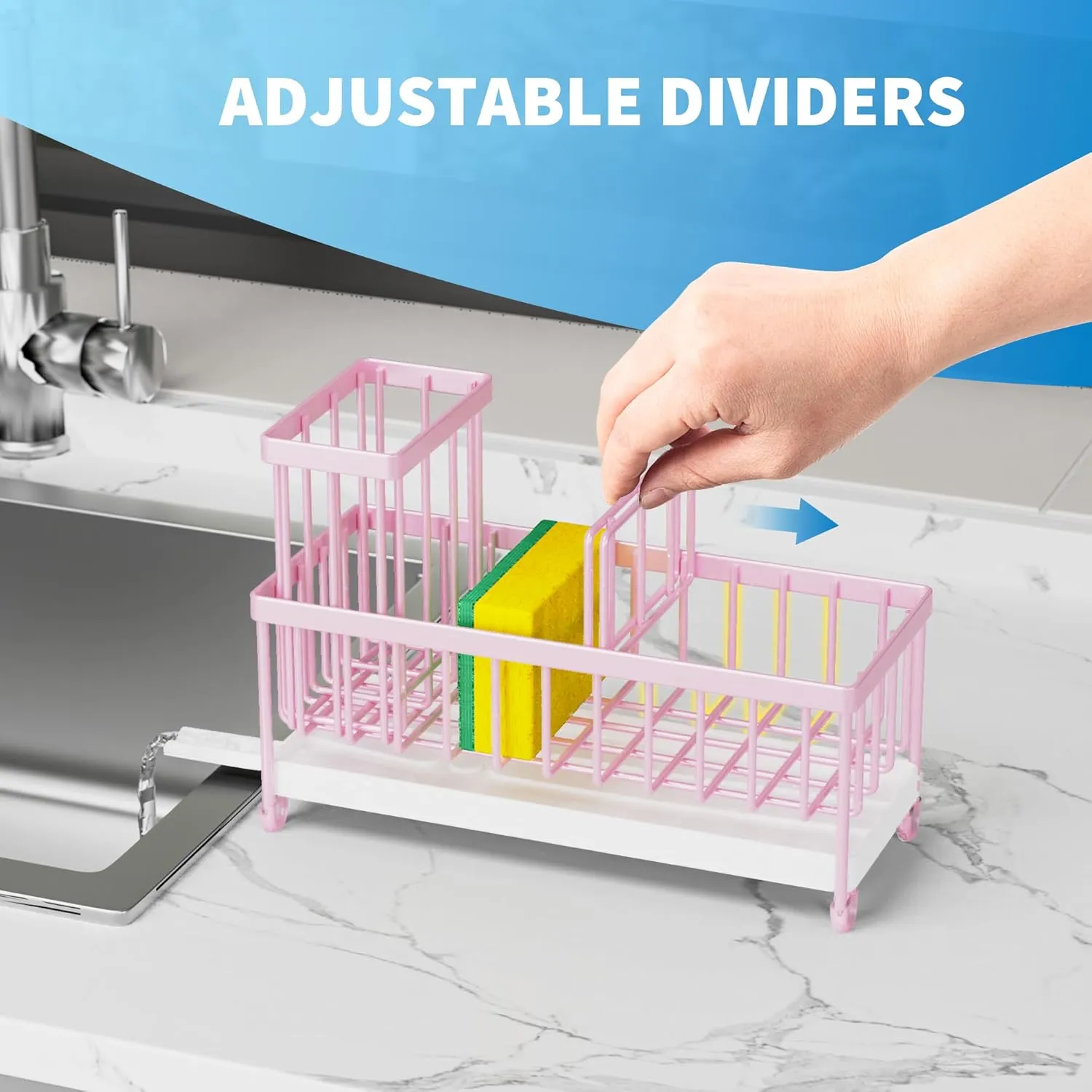 Cisily Pink Sponge Holder for Kitchen Sink, Sink Caddy Organizer with High Brush Holder, Kitchen Countertop Rustproof 304 Stainless Steel, Soap Dispenser Kitchen Organizers and Storage Essentials