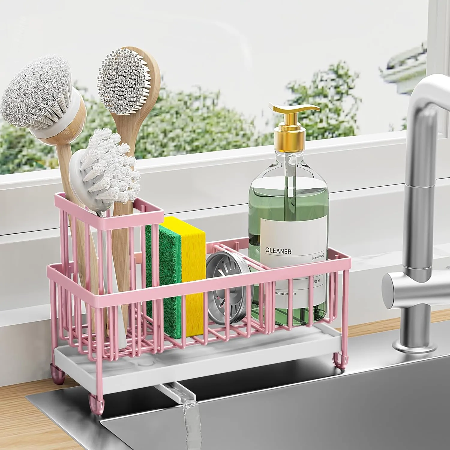 Cisily Pink Sponge Holder for Kitchen Sink, Sink Caddy Organizer with High Brush Holder, Kitchen Countertop Rustproof 304 Stainless Steel, Soap Dispenser Kitchen Organizers and Storage Essentials