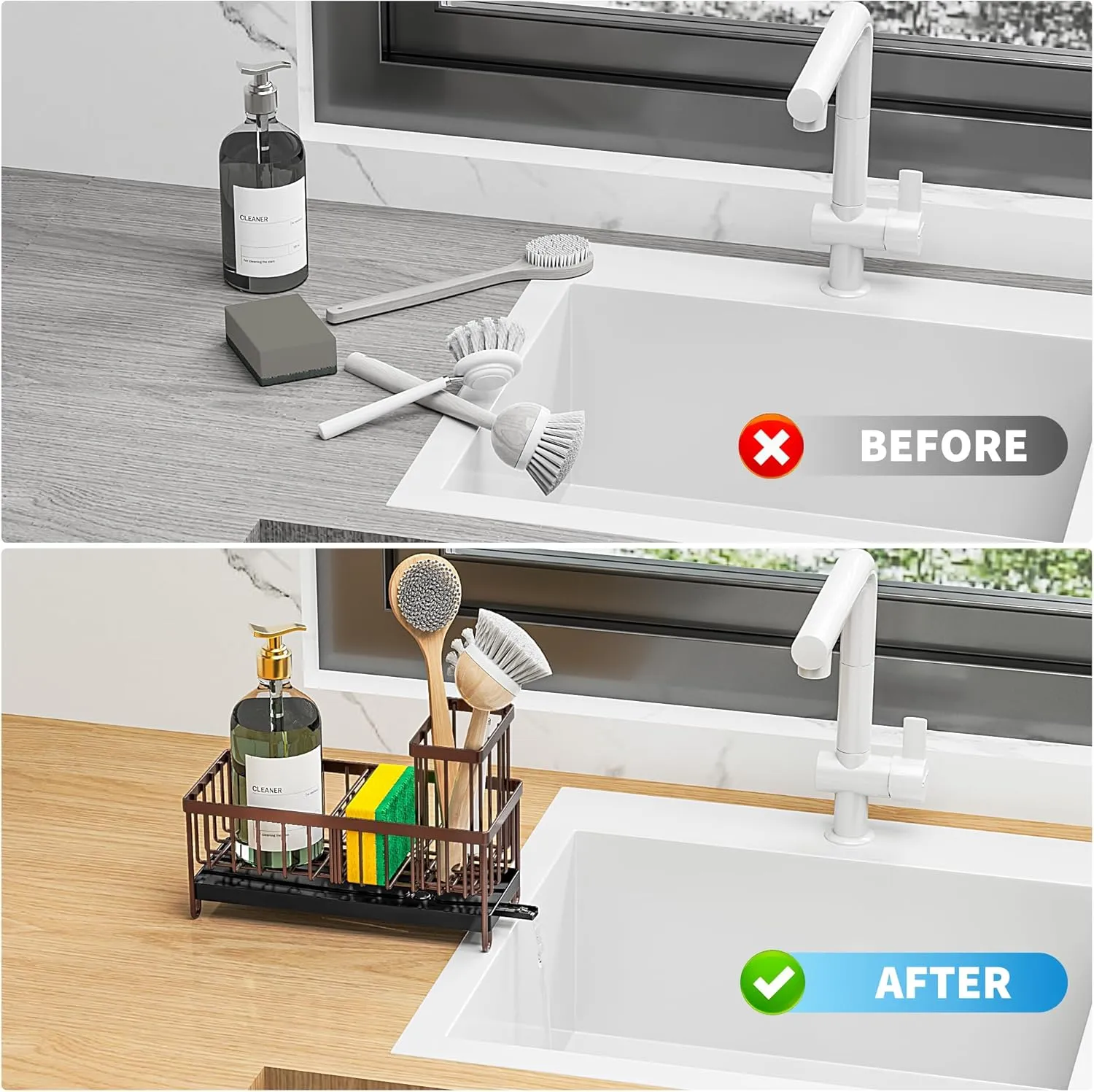Cisily Sponge Holder for Kitchen Sink, Sink Caddy with High Brush Holder, Organzier Rustproof 304 Stainless Steel Dish Organizer Divider, Soap Dispenser Storage(Brown)