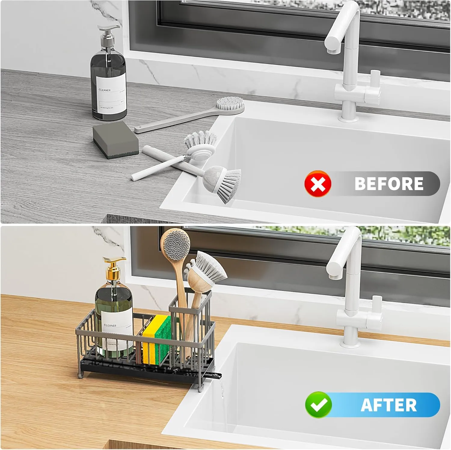Cisily Sponge Holder for Kitchen Sink, Sink Caddy with High Brush Holder, Organzier Rustproof 304 Stainless Steel Dish Organizer Divider, Soap Dispenser Storage(Grey)