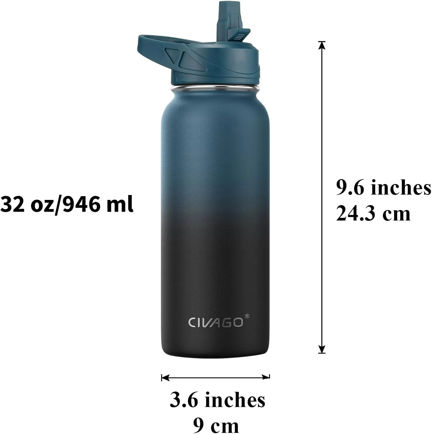 CIVAGO 32 oz Insulated Water Bottle With Straw, Stainless Steel Sports Water Cup Flask with 3 Lids (Straw, Spout and Handle Lid), Wide Mouth Travel Thermal Mug, Dark Night