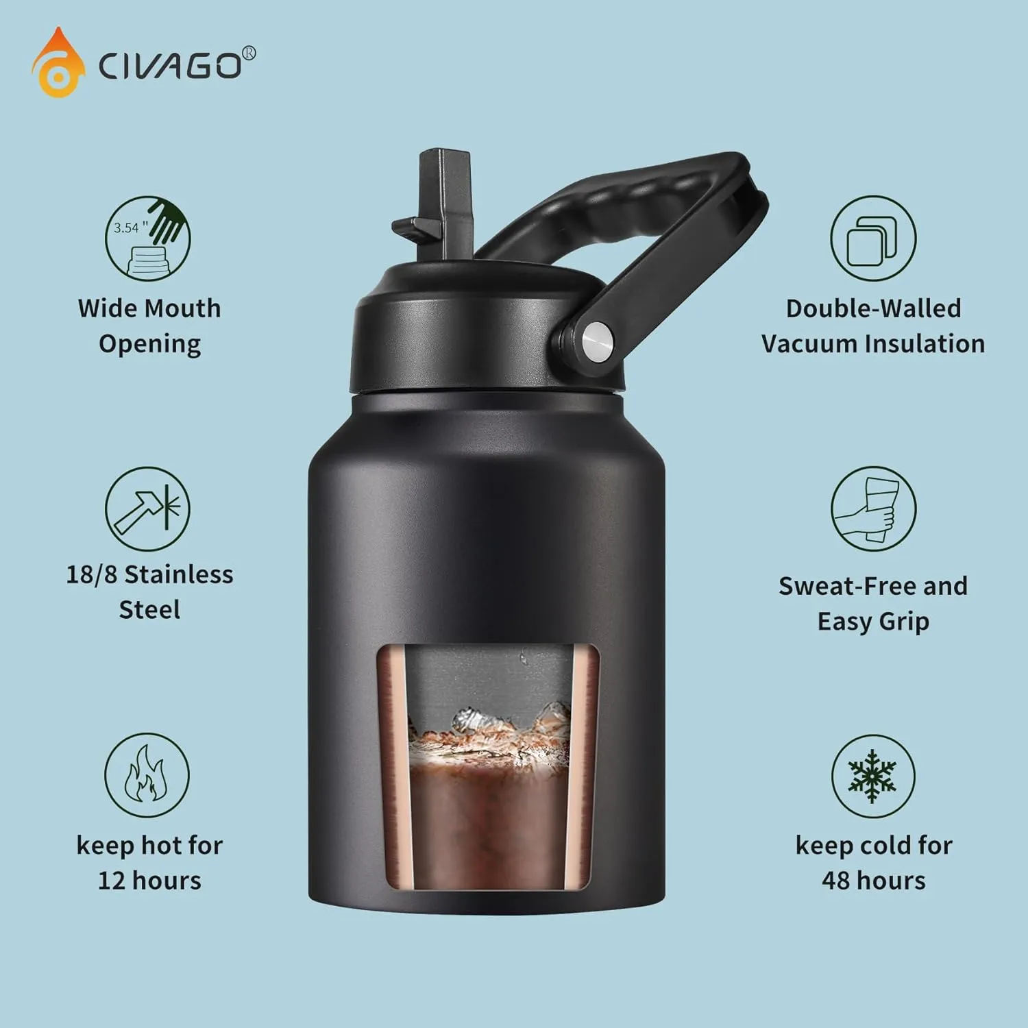 CIVAGO Half Gallon Insulated Water Bottle Jug with Straw, 64 oz Large Stainless Steel Sports Metal Water Flask with Handle, Big Thermal Water Cup Mug with 2 Lids for Camping & Fishing, Lavender