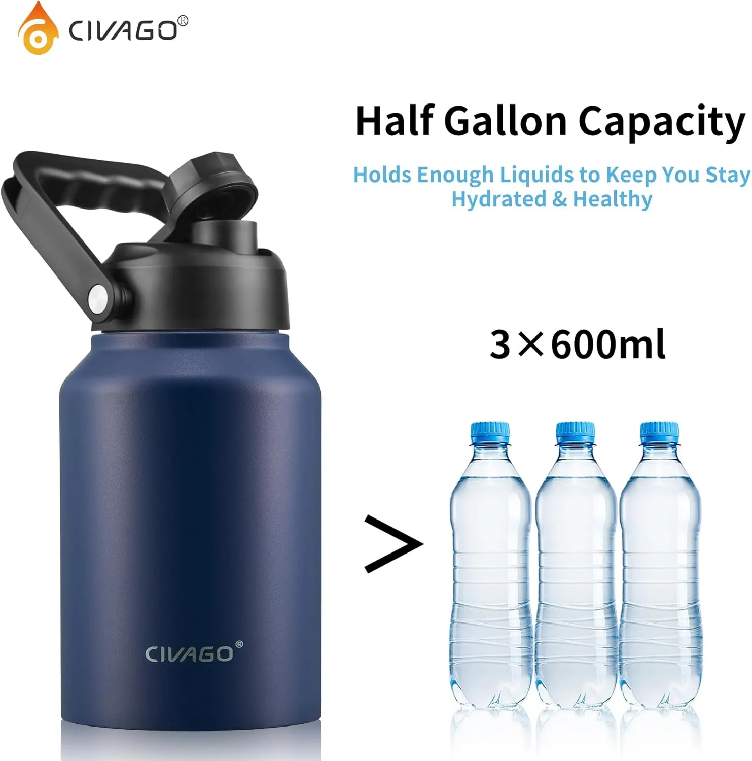 CIVAGO Half Gallon Insulated Water Bottle Jug with Straw, 64 oz Large Stainless Steel Sports Metal Water Flask with Handle, Big Thermal Water Cup Mug with 2 Lids for Camping & Fishing, Lavender