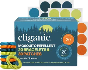 Cliganic Mosquito Repellent Pack (20 Bracelets   30 Stickers) - for Kids & Adults, Natural DEET-Free, Essential Oil Infused