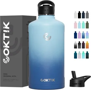 COKTIK 128 oz/One Gallon Water Bottle Insulated, Double Walled Vacumm Metal Stainless Steel Sports Water Bottle with Reusable 2 Lids for Sports, Gym, Fitness or Office(Blue Waves)