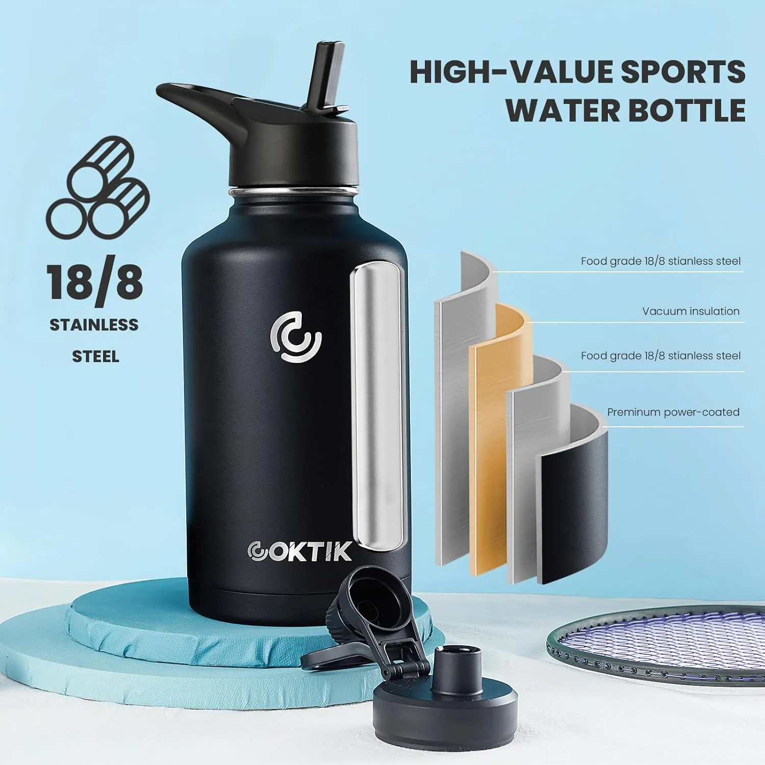 COKTIK 64 oz/Half Gallon Vacuum Insulated Jug, Double Walled Stainless Steel Sports Water Bottle with Reusable 2 Lids for Camping, Gym, Fitness or Office(Black)