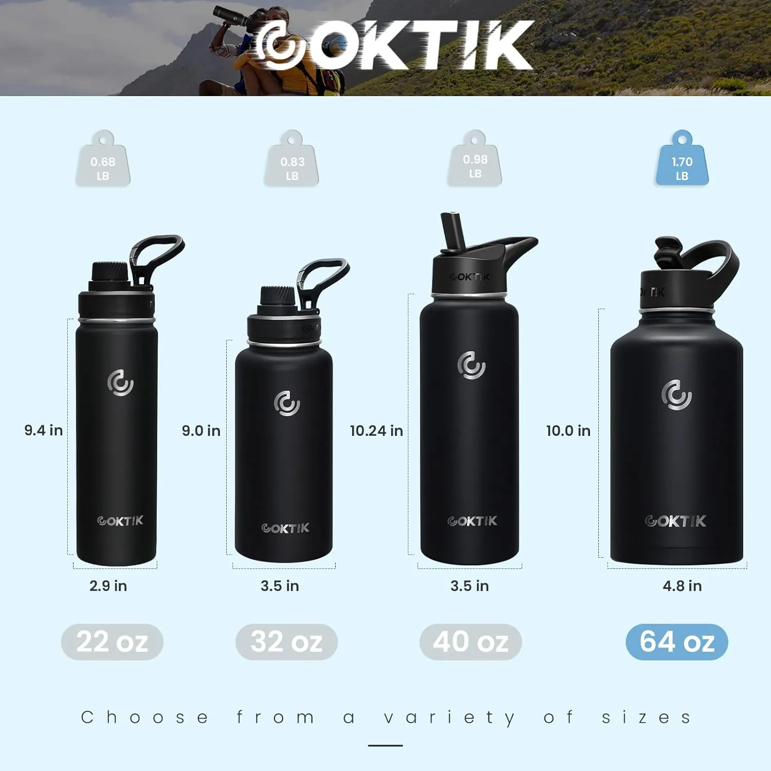 COKTIK 64 oz/Half Gallon Vacuum Insulated Jug, Double Walled Stainless Steel Sports Water Bottle with Reusable 2 Lids for Camping, Gym, Fitness or Office(Black)