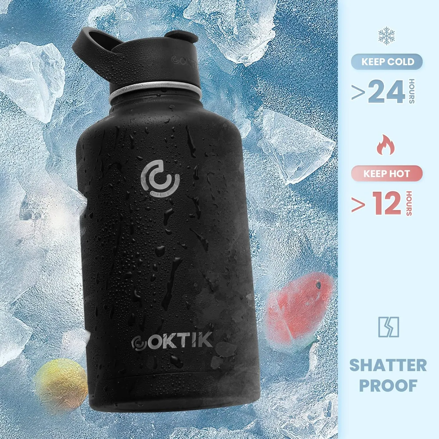 COKTIK 64 oz/Half Gallon Vacuum Insulated Jug, Double Walled Stainless Steel Sports Water Bottle with Reusable 2 Lids for Camping, Gym, Fitness or Office(Black)