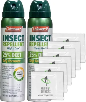 Coleman 25% HIGH & Dry Deet Insect Repellent - 4oz. Aerosol - Pack of 2 - w/ (6) Healthandoutdoor Hand Wipes
