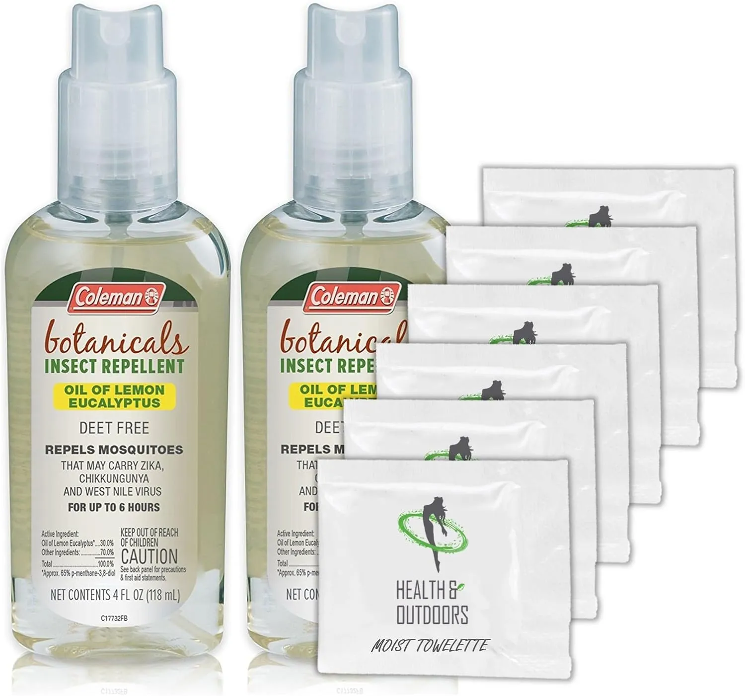 Coleman Botanicals Lemon Eucalyptus Insect Repellent DEET Free - 4oz. Pump - 2 Pack - w/ (6) Healthandoutdoor Hand Wipes