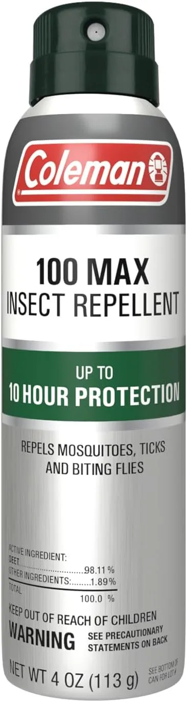 Coleman Insect Repellent Spray - 100% MAX DEET Insect Repellent Spray, protection against ticks, mosquitoes, chiggers, gnats, fleas, ideal for camping, hiking, outdoor activities, 4oz Continuous Spray