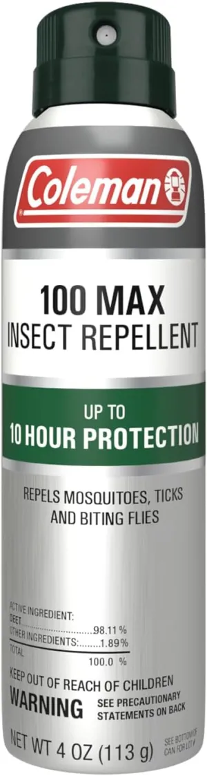Coleman Insect Repellent Spray - 100% MAX DEET Insect Repellent Spray, protection against ticks, mosquitoes, chiggers, gnats, fleas, ideal for camping, hiking, outdoor activities, 4oz Continuous Spray