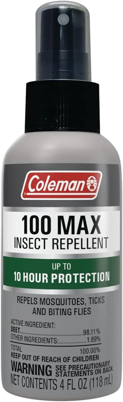 Coleman Insect Repellent Spray, 100% MAX DEET, Protection Against Ticks, Mosquitoes, Chiggers, Gnats, Fleas, Ideal for Camping, Hiking, and Outdoor Activities, 4oz Pump Spray