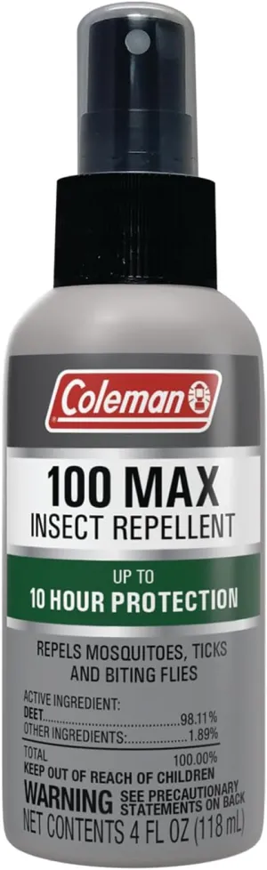 Coleman Insect Repellent Spray, 100% MAX DEET, Protection Against Ticks, Mosquitoes, Chiggers, Gnats, Fleas, Ideal for Camping, Hiking, and Outdoor Activities, 4oz Pump Spray