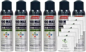 Coleman Max 100% Deet Insect Repellent - 4 oz Continuous Spray - Pack of 6 - w/ (6) Healthandoutdoor Hand Wipes