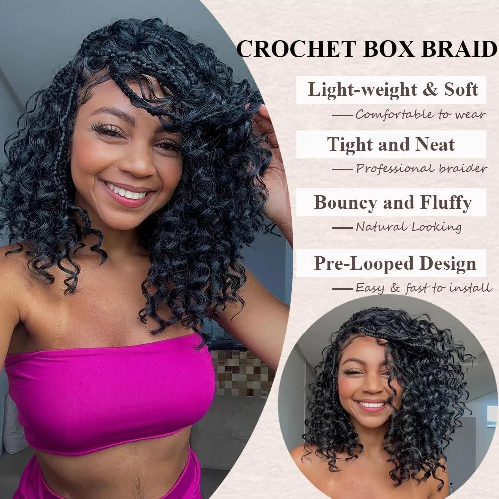 Colorful Queen Goddess Box Braids Crochet Hair 10 Inch Bohemian Box Braids Crochet Hair with Curly Ends Boho 3X Synthetic Crochet Braiding Hair for Women (8 pack, 1b/bug#)
