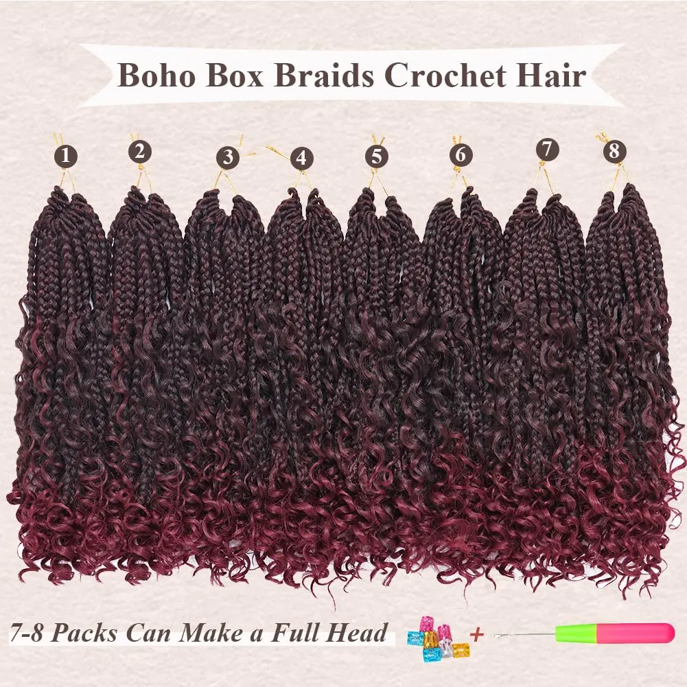 Colorful Queen Goddess Box Braids Crochet Hair 10 Inch Bohemian Box Braids Crochet Hair with Curly Ends Boho 3X Synthetic Crochet Braiding Hair for Women (8 pack, 1b/bug#)