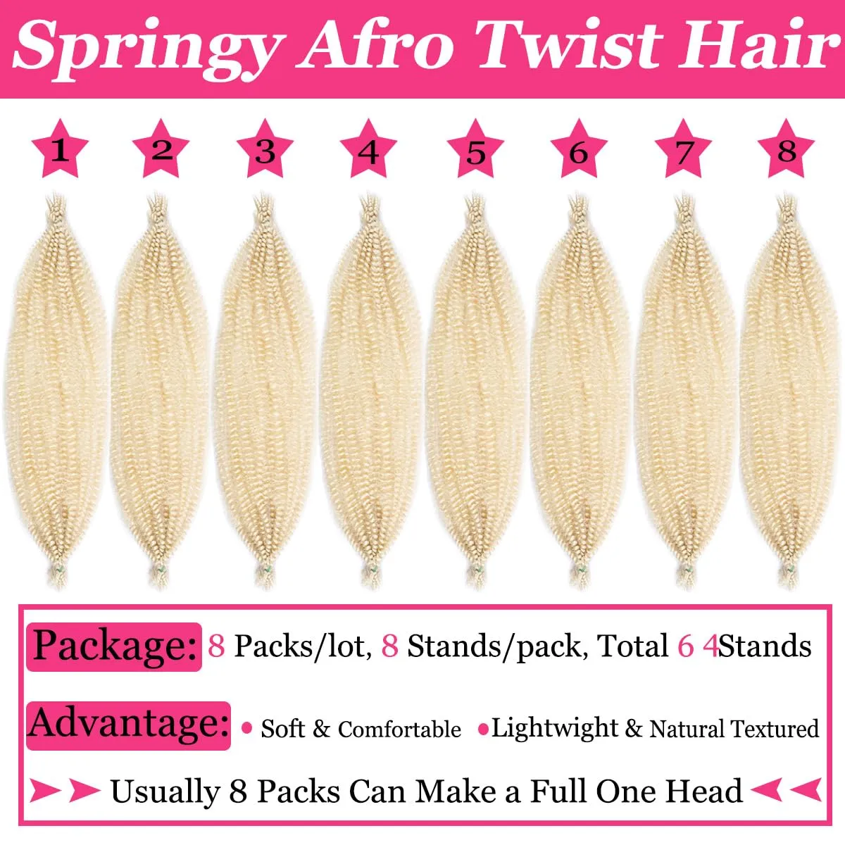 COOKOO 16 Inch 8 packs Springy Afro Twist Hair Pre-Fluffed Spring Twist Hair Kinky Marley Twist Braiding Hair for Soft Butterfly Locs Crochet Hair Synthetic Hair Extensions for Women(16 Inch, 613#)