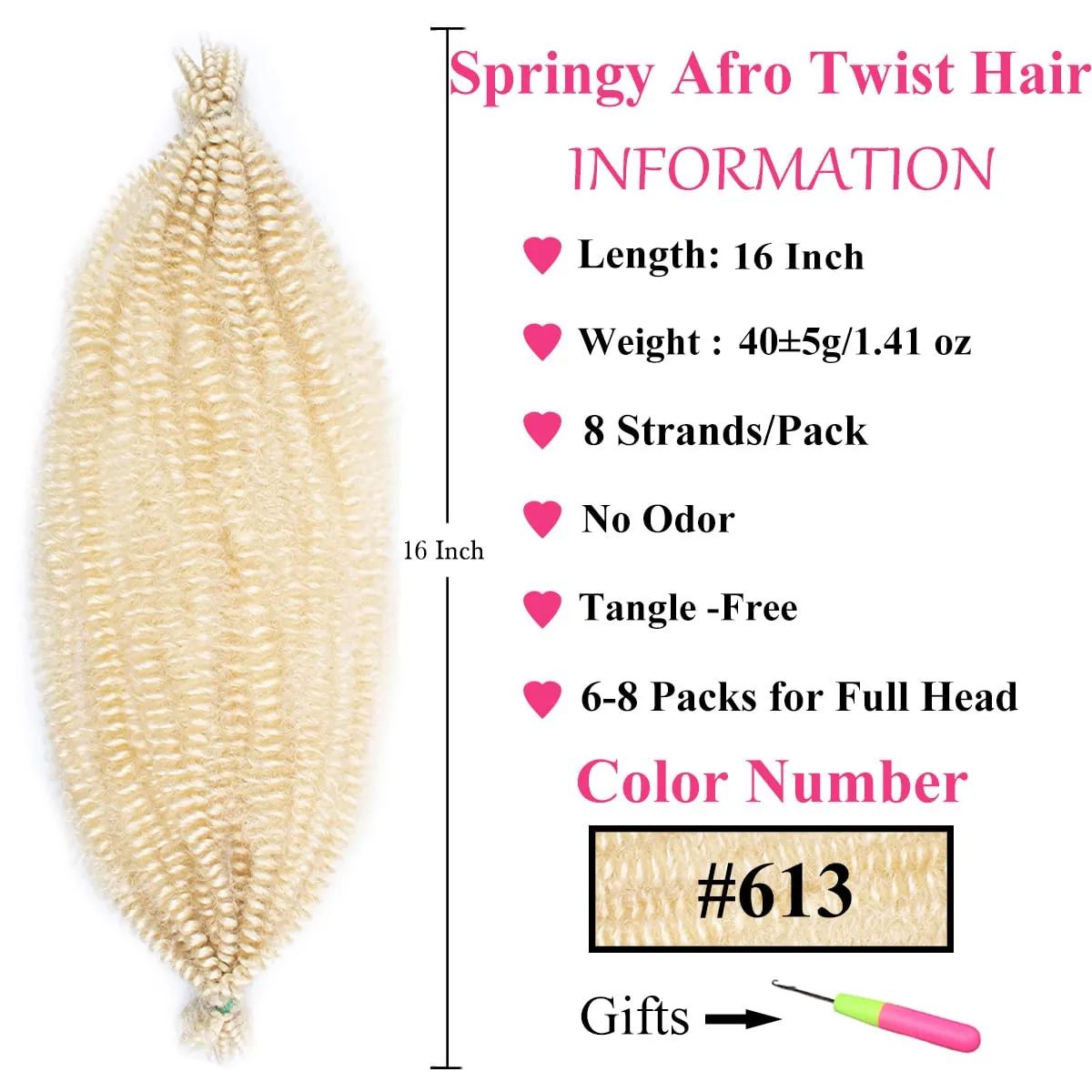 COOKOO 16 Inch 8 packs Springy Afro Twist Hair Pre-Fluffed Spring Twist Hair Kinky Marley Twist Braiding Hair for Soft Butterfly Locs Crochet Hair Synthetic Hair Extensions for Women(16 Inch, 613#)