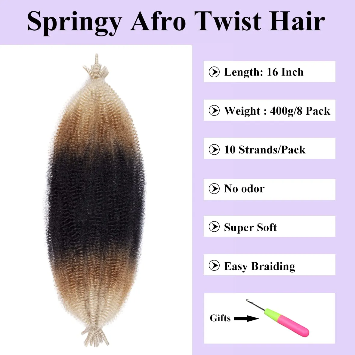COOKOO 16 Inch Springy Afro Twist Hair 8 packs Ombre Marley Twist Braiding Hair Spring Twist Hair Kinky Twist Hair for Soft Locs Hair Synthetic Hair Extensions for Women(16 Inch, 1B/27/613#)