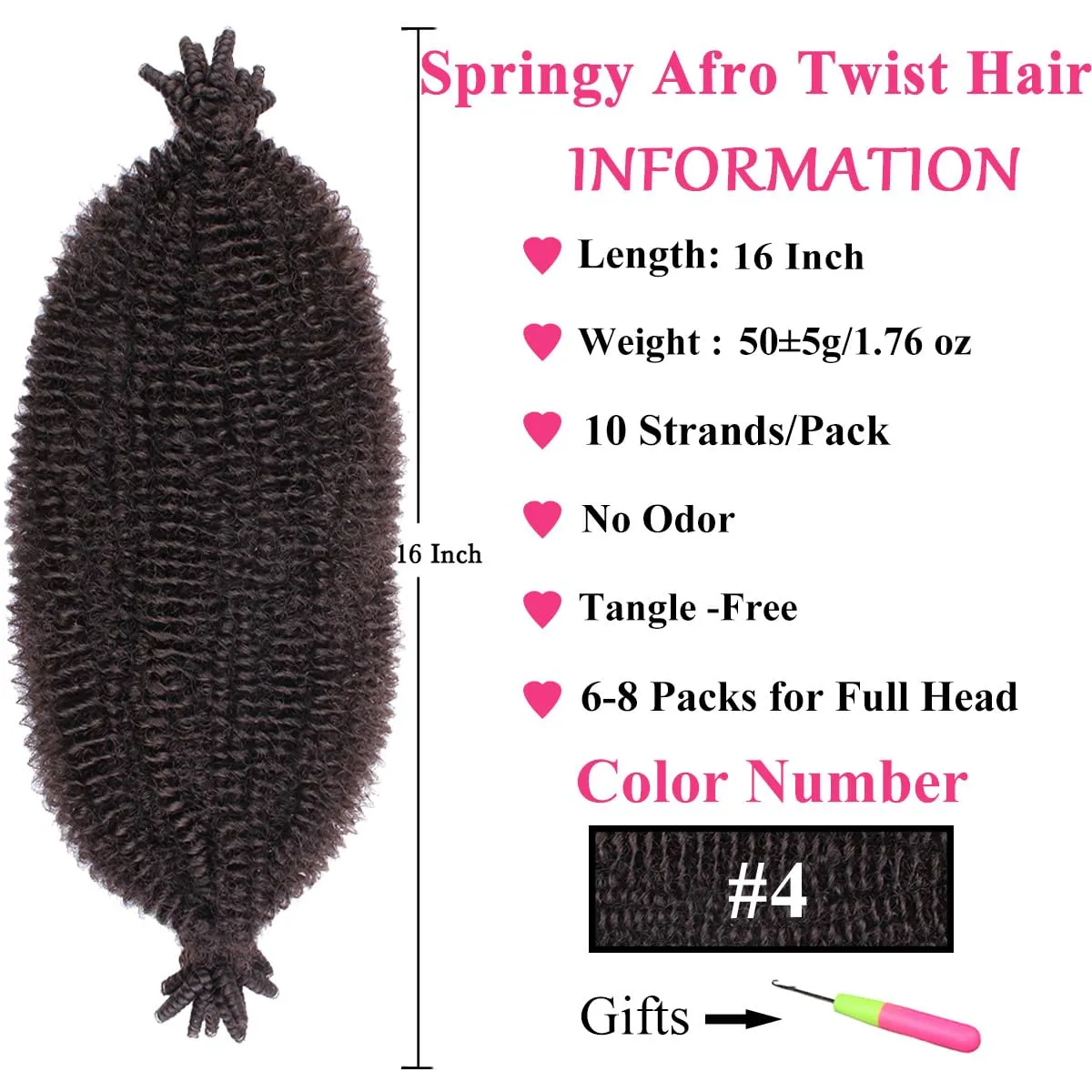 COOKOO Pre-Separated Springy Afro Twist Hair 16 Inch 8 packs Pre-Fluffed Spring Twist Hair Marley Twist Braiding Hair For Soft Locs Kinky Afro Twist Hair Synthetic Hair Extensions(16 Inch,4#)