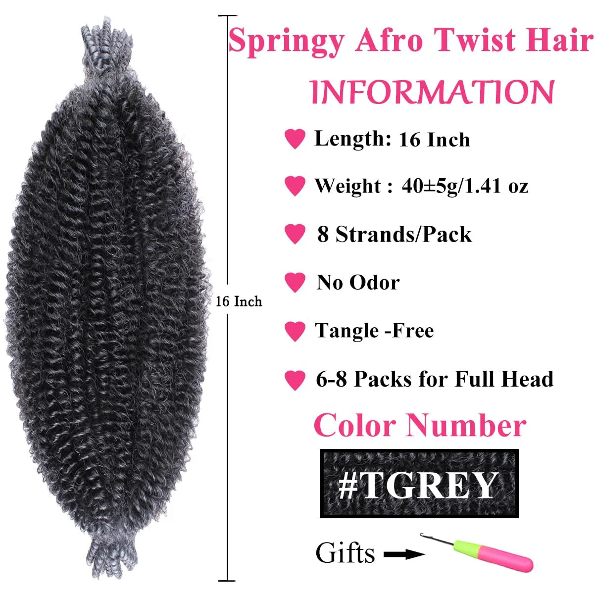COOKOO Springy Afro Twist Hair 16 Inch 8 packs Pre-Separated Ombre Marley Twist Braiding Hair Pre-Fluffed Spring Twist Hair For Kinky Afro Twist Hair Synthetic Hair Extensions(16 Inch,TGREY#)