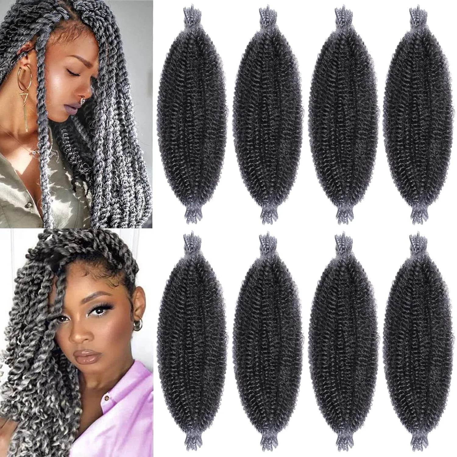 COOKOO Springy Afro Twist Hair 16 Inch 8 packs Pre-Separated Ombre Marley Twist Braiding Hair Pre-Fluffed Spring Twist Hair For Kinky Afro Twist Hair Synthetic Hair Extensions(16 Inch,TGREY#)