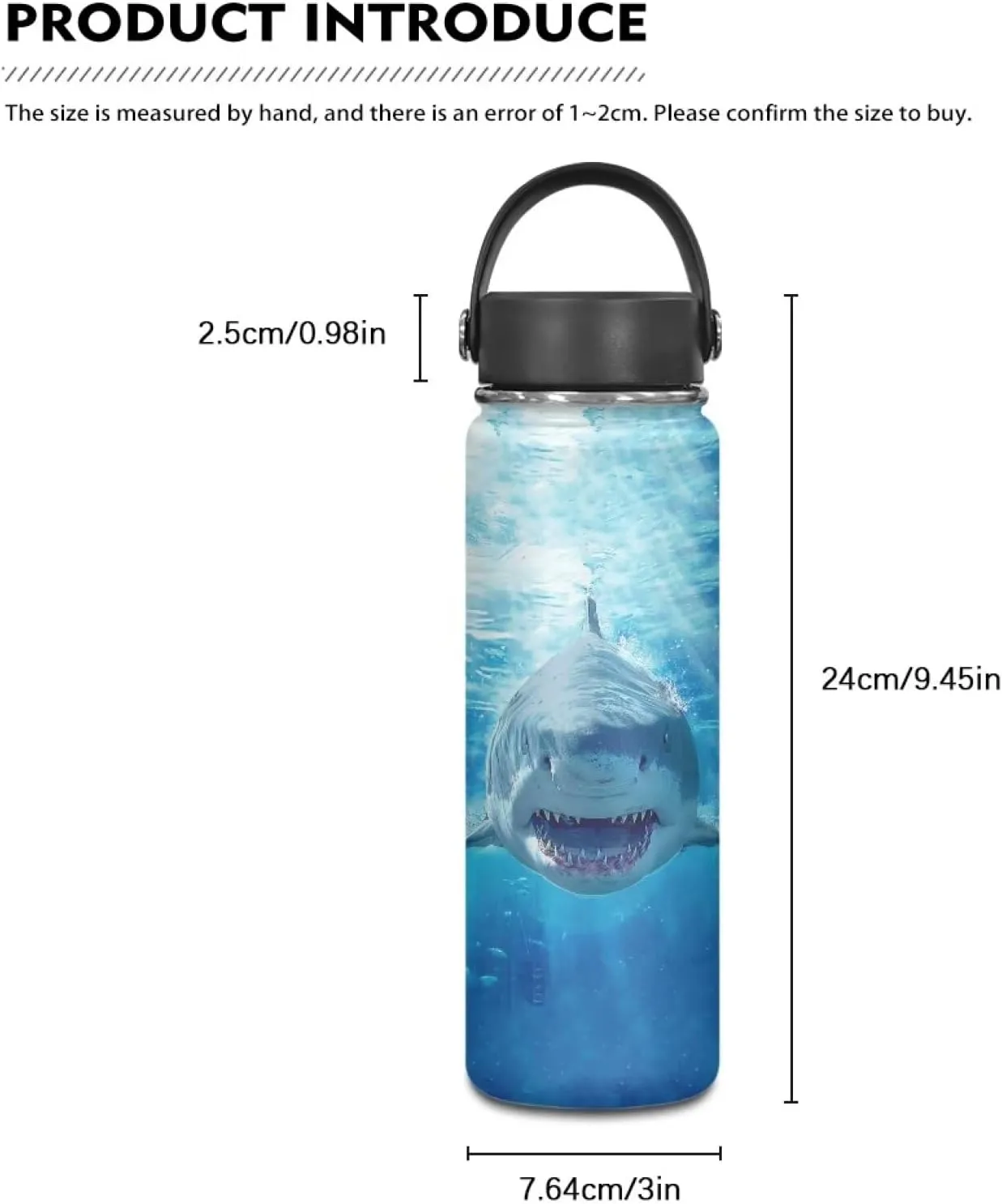 Cool Shark Kids Water Bottle for School Insulated Stainless Steel Water Bottle 18 OZ Wide Mouth Sports Water Cup Flask With Lid and Handle Coffee Mug Reusable Tumbler for Travel,Gym