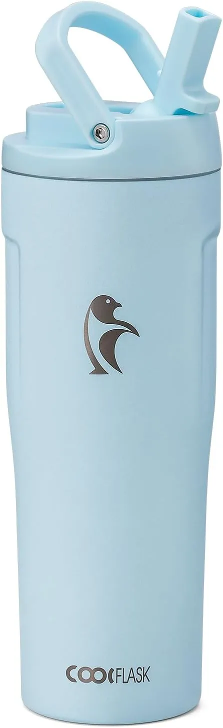 Coolflask 32 oz Insulated Water Bottle - Slim Tumbler with Straw & Handle - Car Cup Holder Friendly - Stainless Steel Thermo Flask for Sports, Gym, Travel, Office, Dishwasher Safe, Blue