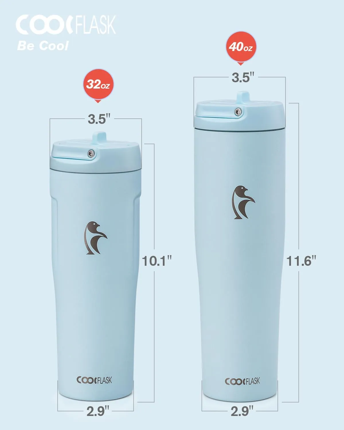 Coolflask 32 oz Insulated Water Bottle - Slim Tumbler with Straw & Handle - Car Cup Holder Friendly - Stainless Steel Thermo Flask for Sports, Gym, Travel, Office, Dishwasher Safe, Blue
