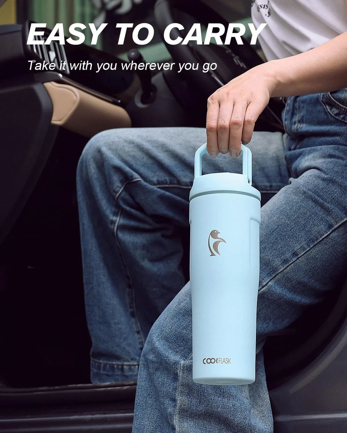Coolflask 32 oz Insulated Water Bottle - Slim Tumbler with Straw & Handle - Car Cup Holder Friendly - Stainless Steel Thermo Flask for Sports, Gym, Travel, Office, Dishwasher Safe, Blue