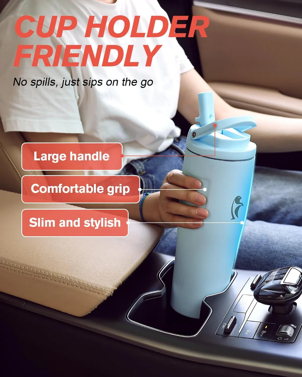Coolflask 32 oz Insulated Water Bottle - Slim Tumbler with Straw & Handle - Car Cup Holder Friendly - Stainless Steel Thermo Flask for Sports, Gym, Travel, Office, Dishwasher Safe, Blue