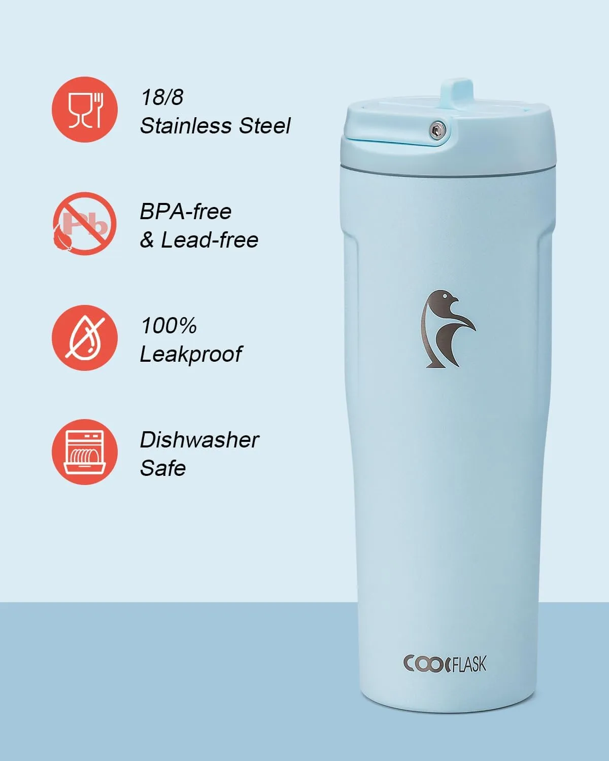 Coolflask 32 oz Insulated Water Bottle - Slim Tumbler with Straw & Handle - Car Cup Holder Friendly - Stainless Steel Thermo Flask for Sports, Gym, Travel, Office, Dishwasher Safe, Blue