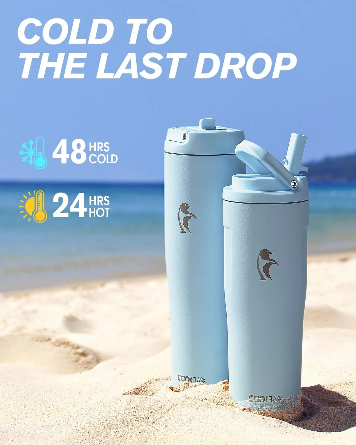 Coolflask 32 oz Insulated Water Bottle - Slim Tumbler with Straw & Handle - Car Cup Holder Friendly - Stainless Steel Thermo Flask for Sports, Gym, Travel, Office, Dishwasher Safe, Blue